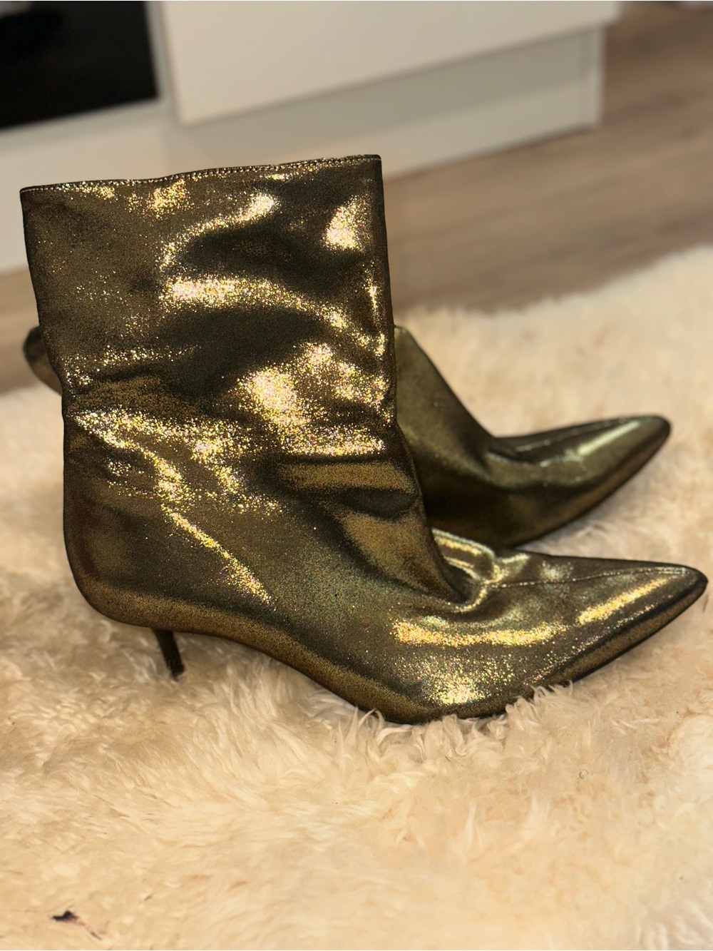 Zara Metallic Gold Pointed-Toe Ankle Booties